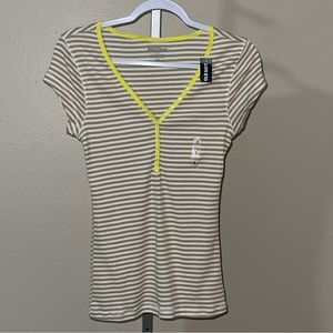 Old Navy Yellow Tan Striped Henley Capped Sleeve Top, Size S